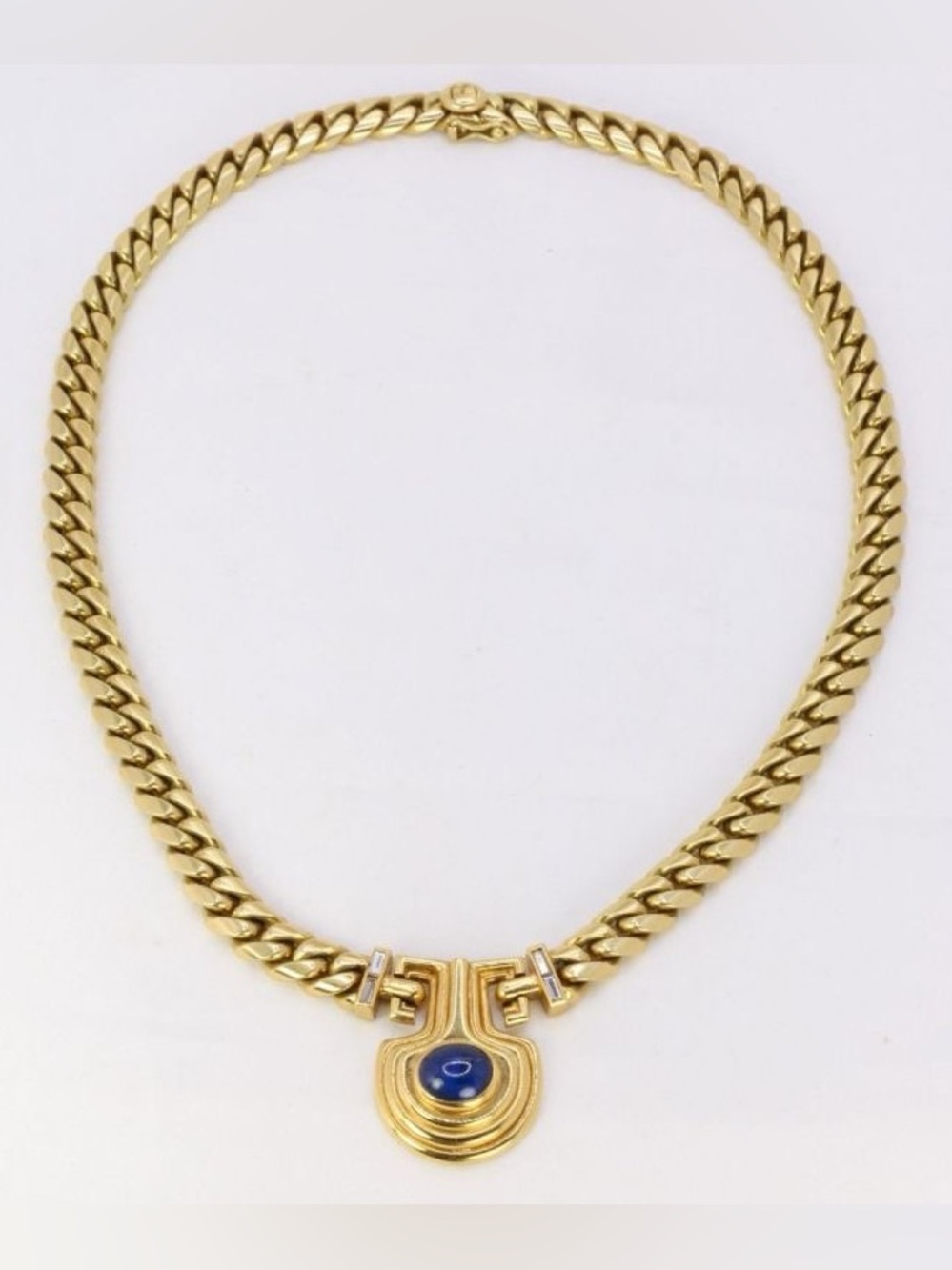 Vintage Golden Oval Cut Blue Sapphire Cabochon Pendant Necklace